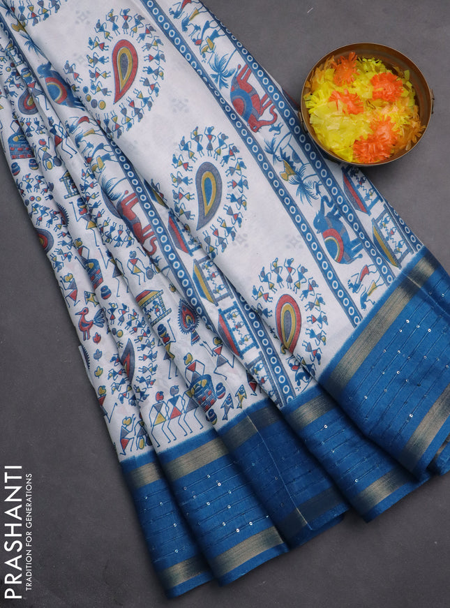 Semi dola saree off white and cs blue with warli prints and zari woven sequin work border