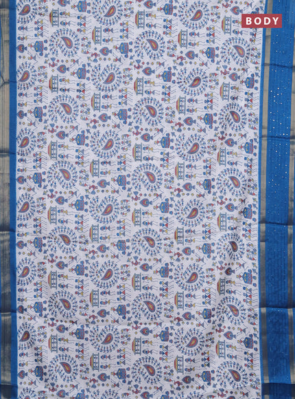 Semi dola saree off white and cs blue with warli prints and zari woven sequin work border