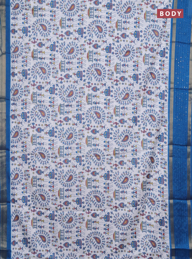 Semi dola saree off white and cs blue with warli prints and zari woven sequin work border