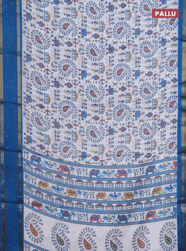 Semi dola saree off white and cs blue with warli prints and zari woven sequin work border