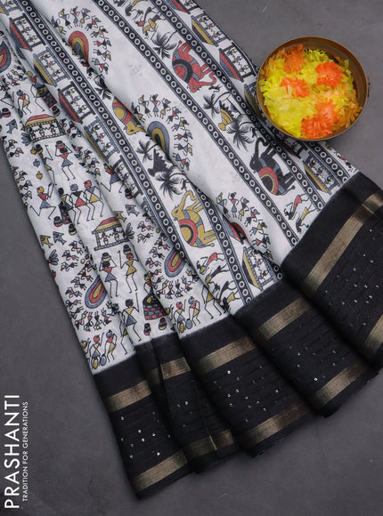 Semi dola saree off white and black with warli prints and zari woven sequin work border