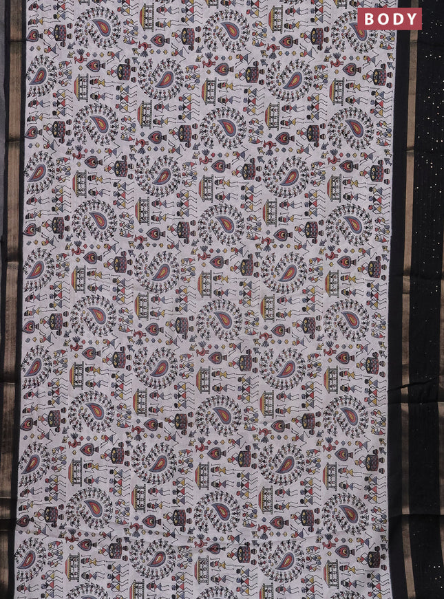 Semi dola saree off white and black with warli prints and zari woven sequin work border