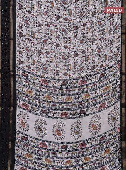 Semi dola saree off white and black with warli prints and zari woven sequin work border