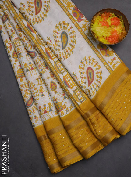 Semi dola saree off white and mustard yellow with warli prints and zari woven sequin work border