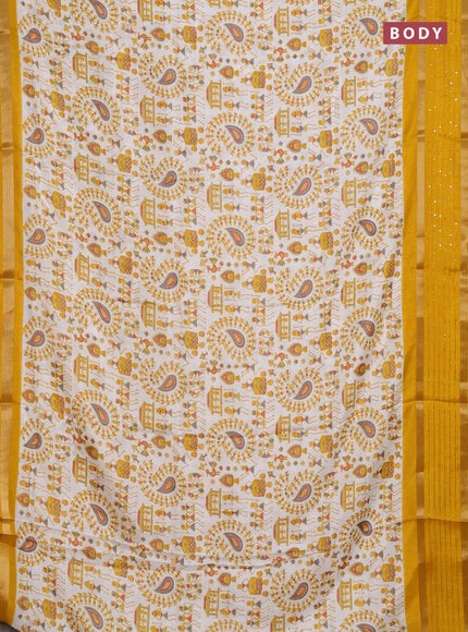 Semi dola saree off white and mustard yellow with warli prints and zari woven sequin work border