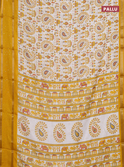 Semi dola saree off white and mustard yellow with warli prints and zari woven sequin work border