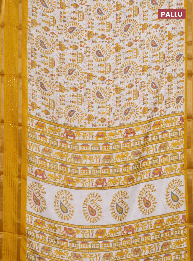 Semi dola saree off white and mustard yellow with warli prints and zari woven sequin work border