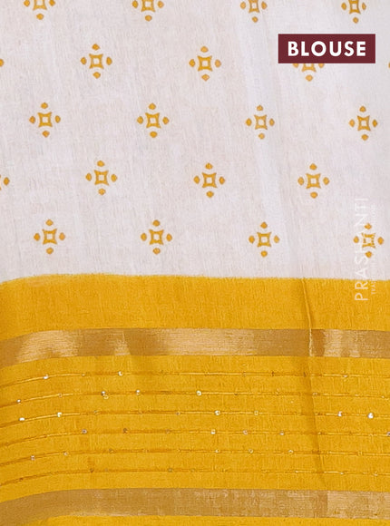 Semi dola saree off white and mustard yellow with warli prints and zari woven sequin work border