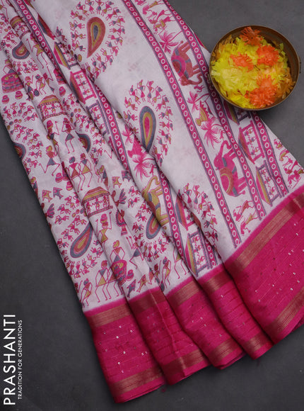 Semi dola saree off white and pink with warli prints and zari woven sequin work border