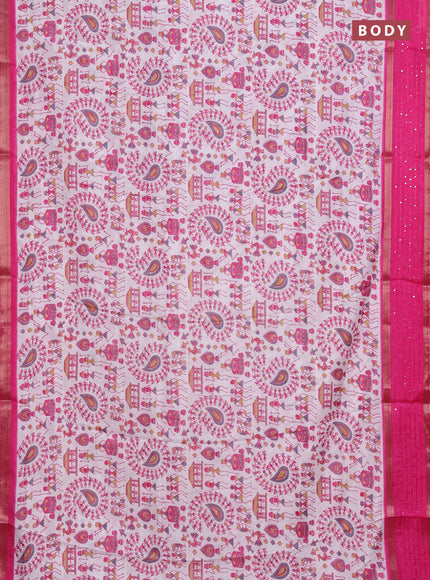 Semi dola saree off white and pink with warli prints and zari woven sequin work border