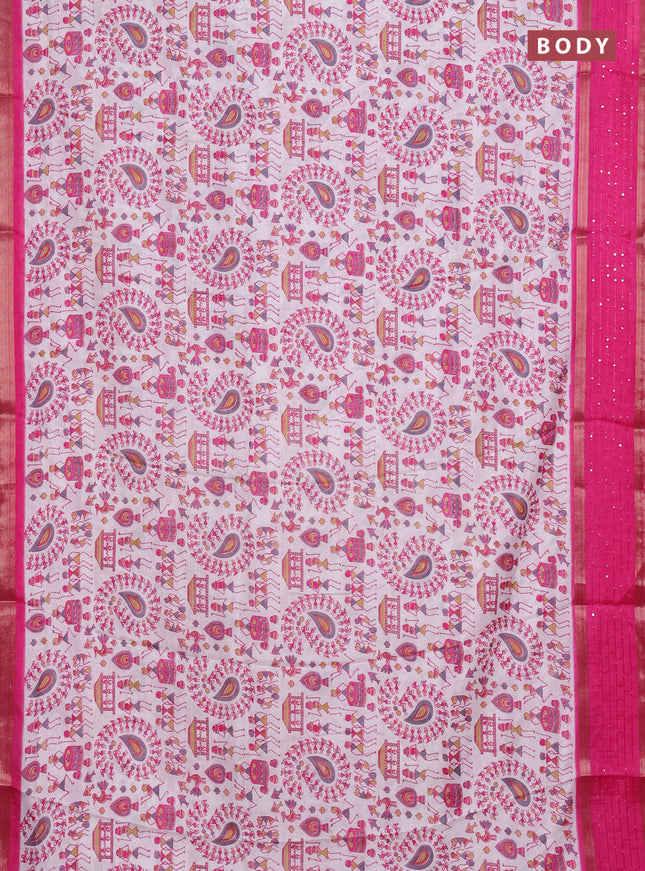 Semi dola saree off white and pink with warli prints and zari woven sequin work border