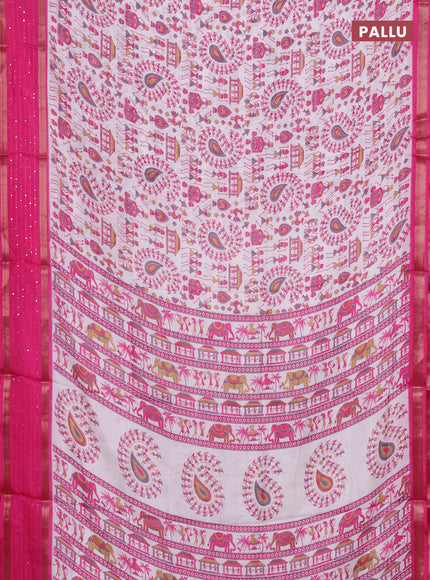 Semi dola saree off white and pink with warli prints and zari woven sequin work border