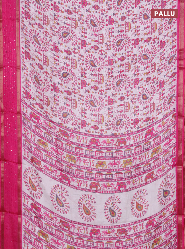 Semi dola saree off white and pink with warli prints and zari woven sequin work border