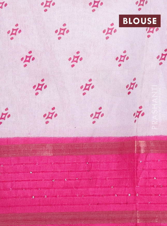 Semi dola saree off white and pink with warli prints and zari woven sequin work border