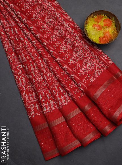 Semi dola saree red with warli prints and zari woven sequin work border