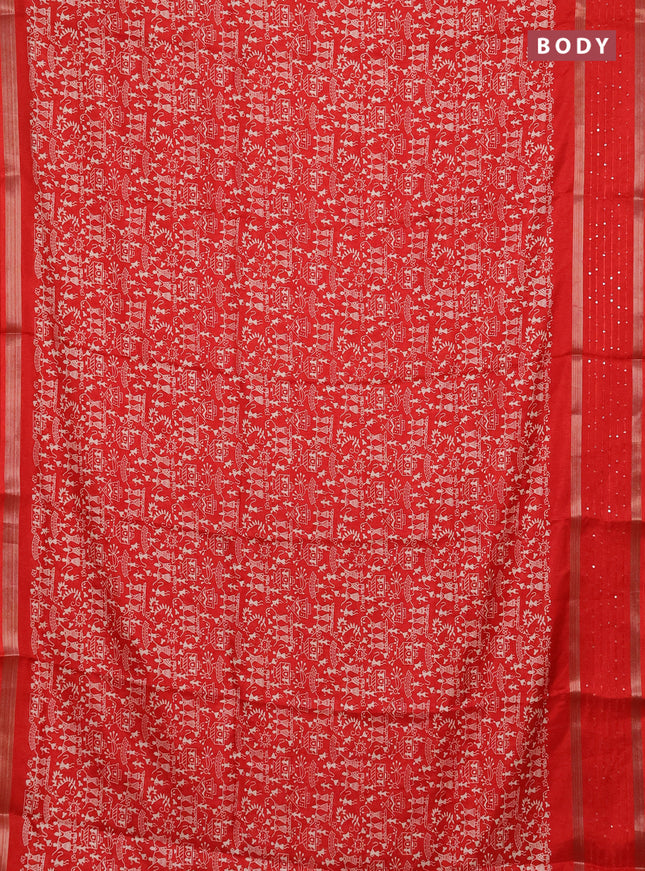 Semi dola saree red with warli prints and zari woven sequin work border