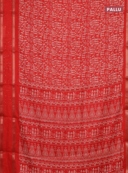Semi dola saree red with warli prints and zari woven sequin work border