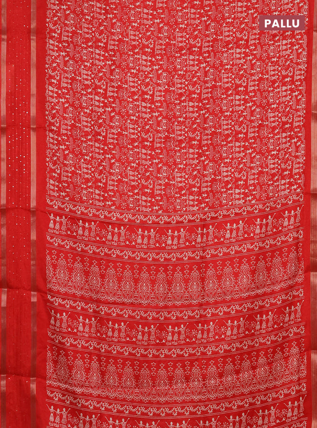 Semi dola saree red with warli prints and zari woven sequin work border