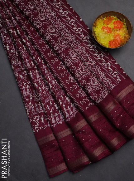 Semi dola saree wine shade with warli prints and zari woven sequin work border
