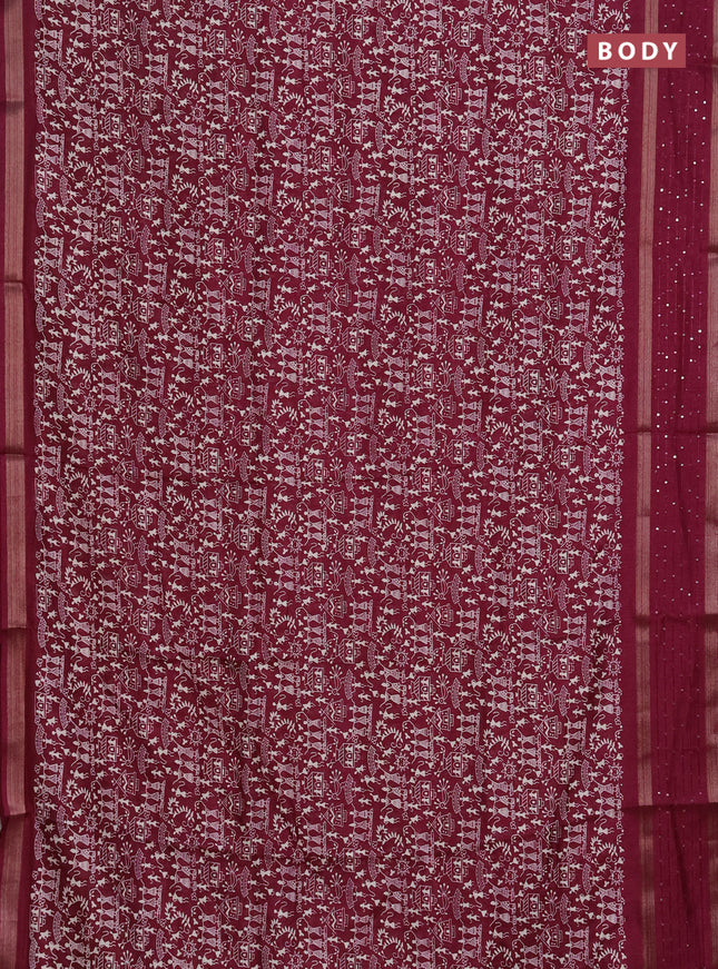 Semi dola saree wine shade with warli prints and zari woven sequin work border