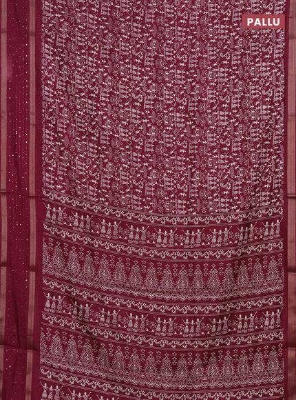 Semi dola saree wine shade with warli prints and zari woven sequin work border
