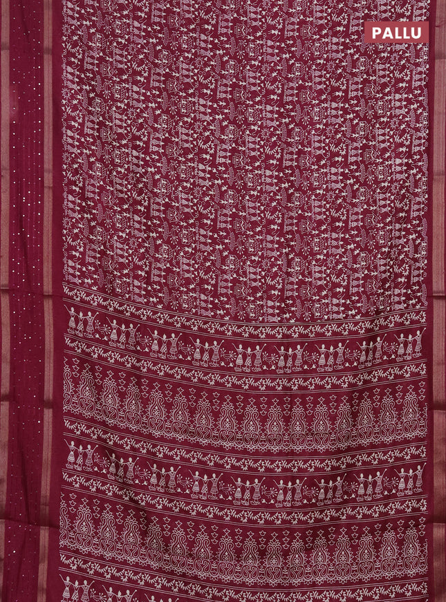 Semi dola saree wine shade with warli prints and zari woven sequin work border