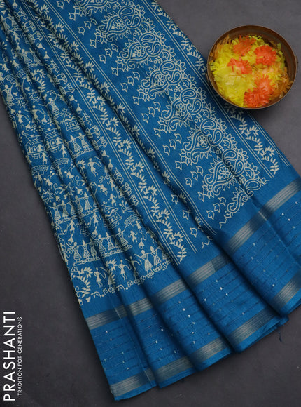 Semi dola saree cs blue with warli prints and zari woven sequin work border