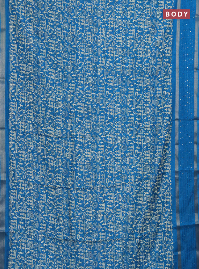 Semi dola saree cs blue with warli prints and zari woven sequin work border