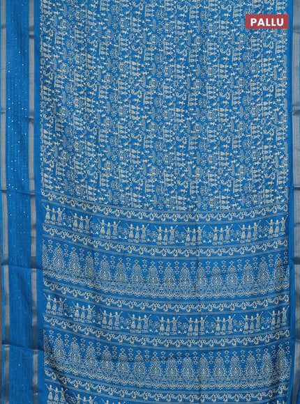 Semi dola saree cs blue with warli prints and zari woven sequin work border