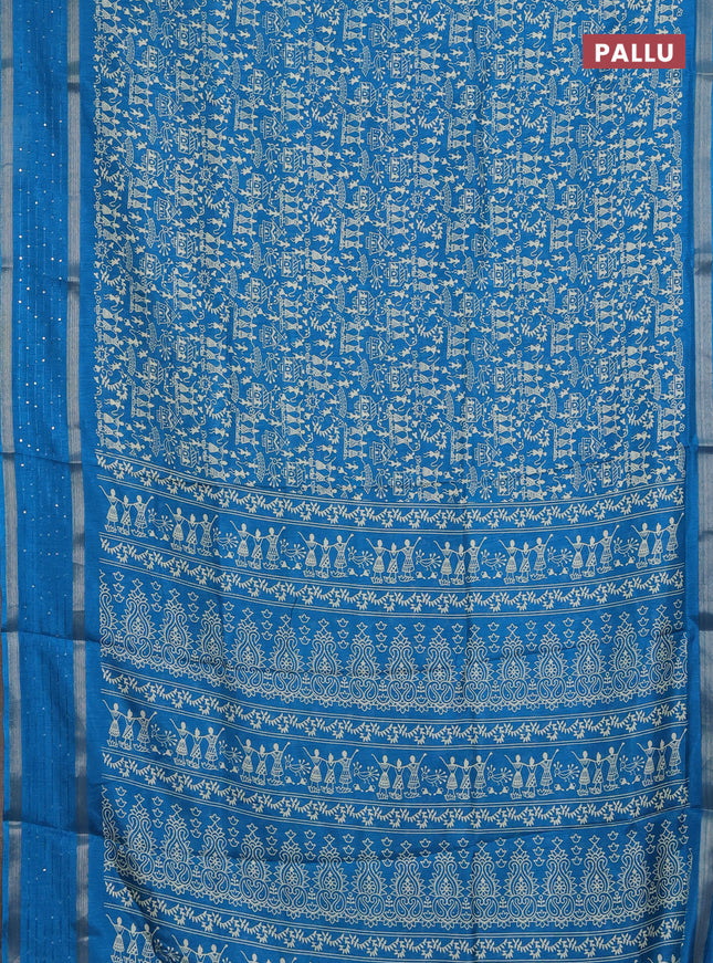 Semi dola saree cs blue with warli prints and zari woven sequin work border