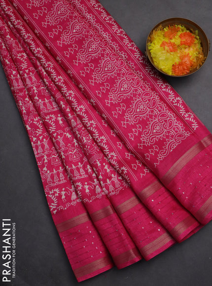 Semi dola saree pink with warli prints and zari woven sequin work border