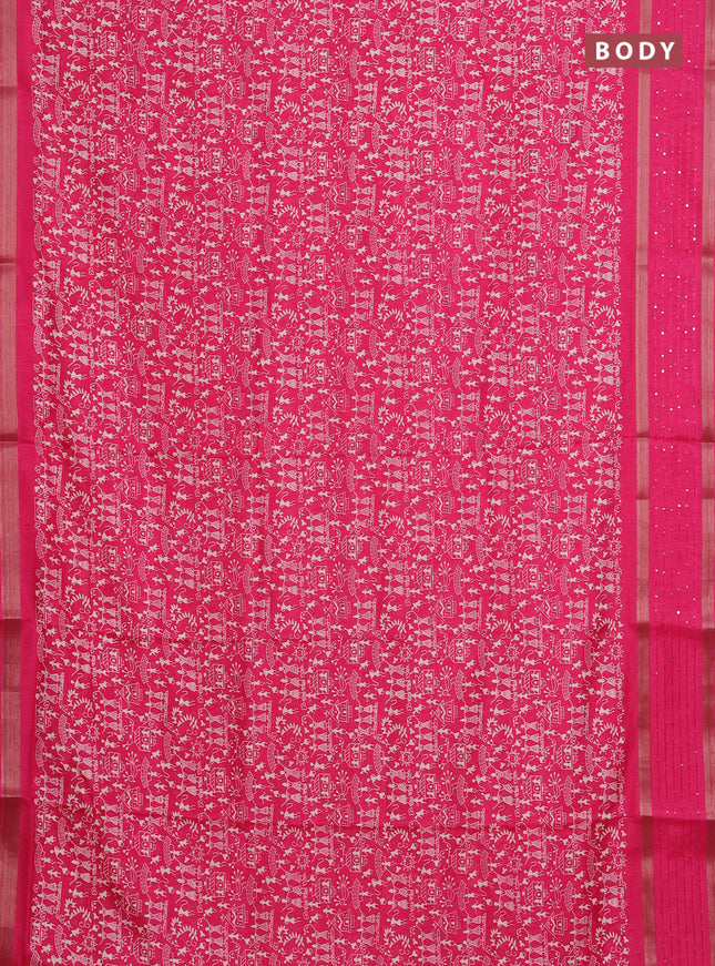 Semi dola saree pink with warli prints and zari woven sequin work border