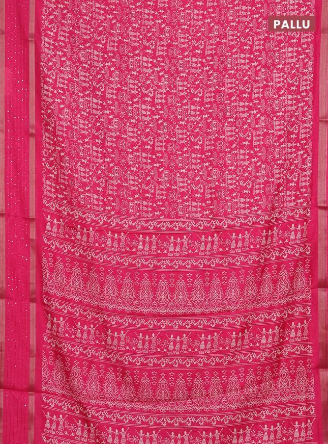 Semi dola saree pink with warli prints and zari woven sequin work border