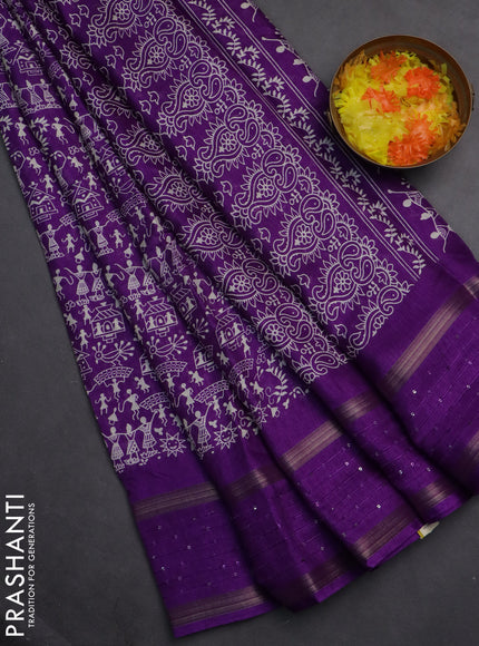 Semi dola saree violet with warli prints and zari woven sequin work border