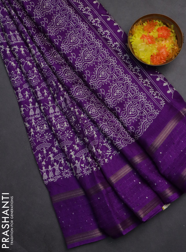 Semi dola saree violet with warli prints and zari woven sequin work border