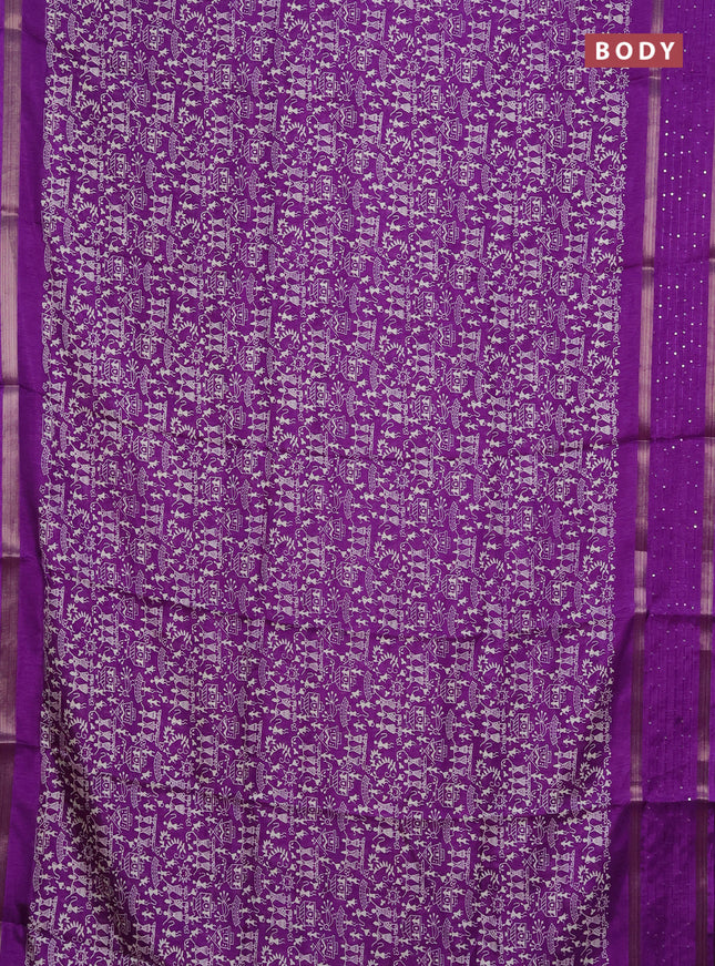 Semi dola saree violet with warli prints and zari woven sequin work border