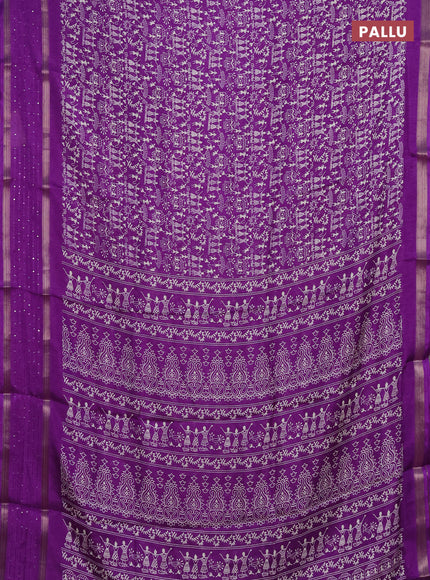 Semi dola saree violet with warli prints and zari woven sequin work border