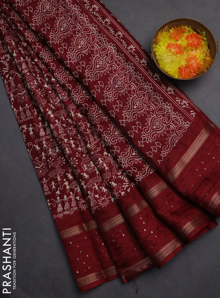 Semi dola saree maroon with warli prints and zari woven sequin work border