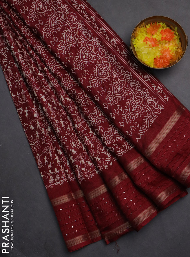Semi dola saree maroon with warli prints and zari woven sequin work border