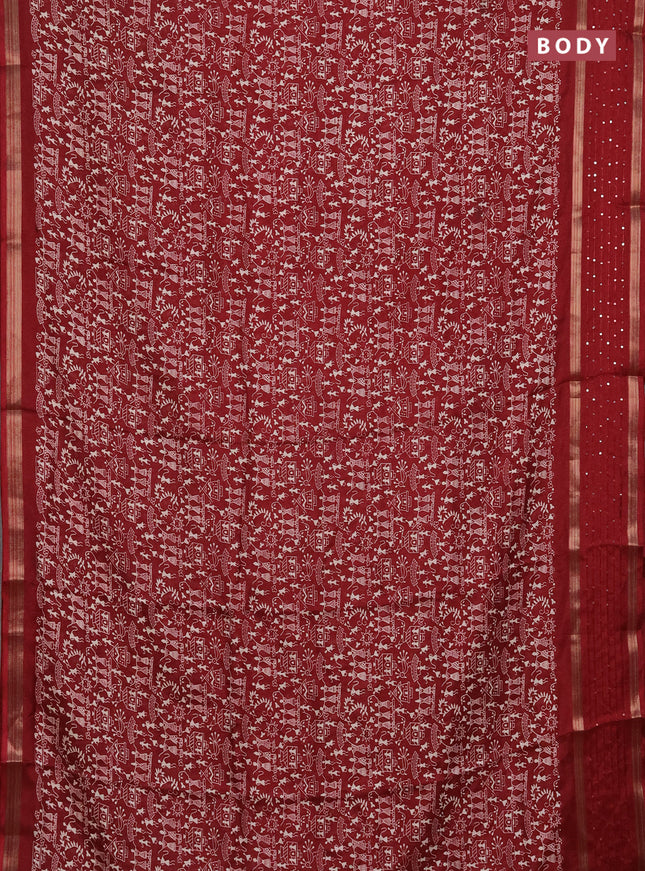 Semi dola saree maroon with warli prints and zari woven sequin work border