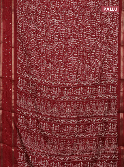 Semi dola saree maroon with warli prints and zari woven sequin work border