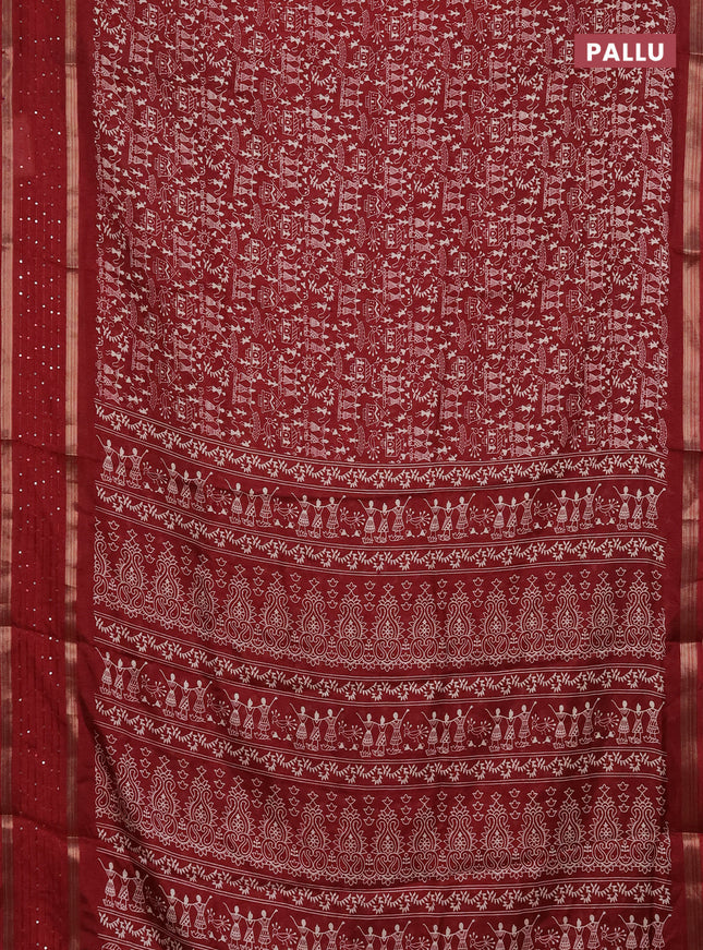 Semi dola saree maroon with warli prints and zari woven sequin work border