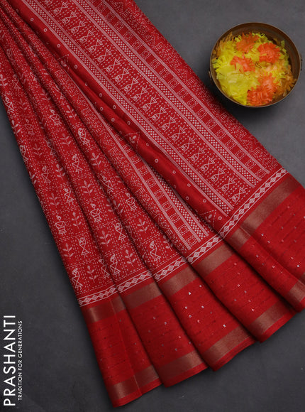 Semi dola saree red with allover warli prints and zari woven sequin work border