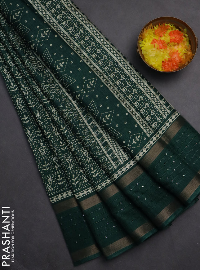 Semi dola saree green with allover warli prints and zari woven sequin work border