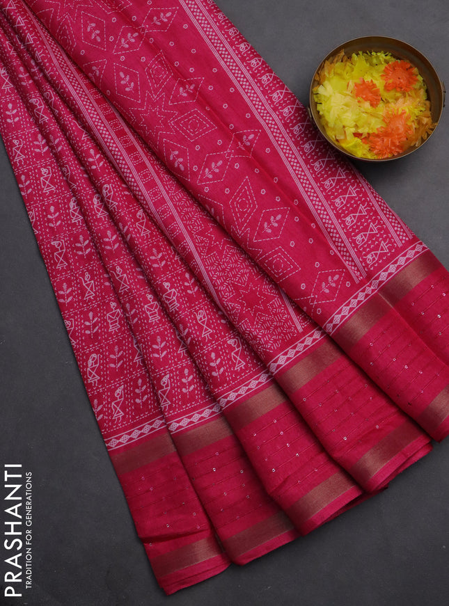 Semi dola saree pink with allover warli prints and zari woven sequin work border