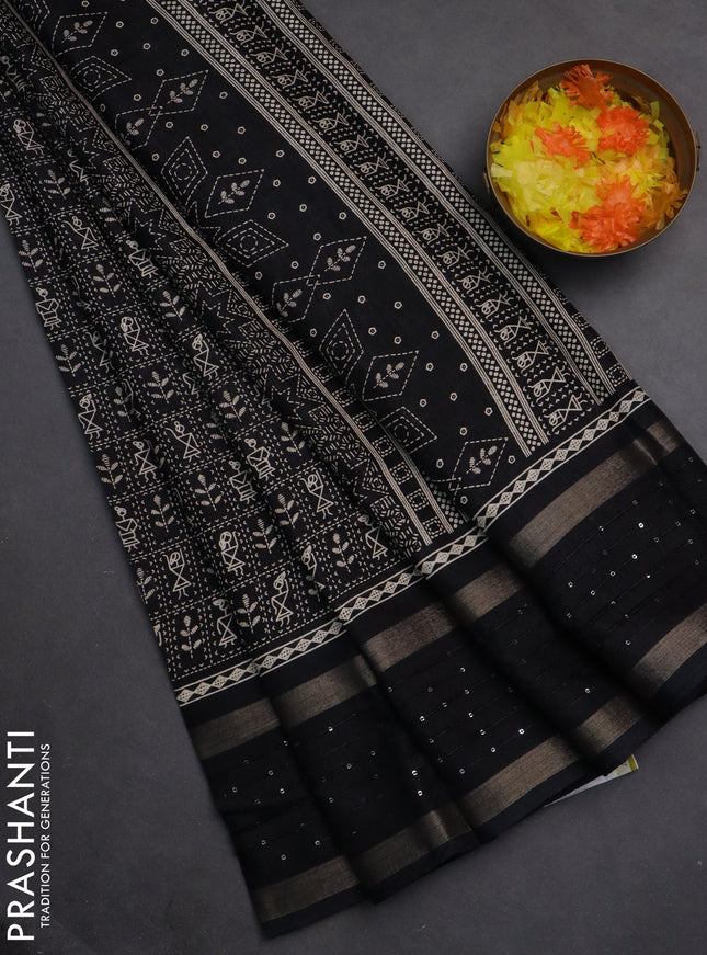 Semi dola saree black with allover warli prints and zari woven sequin work border
