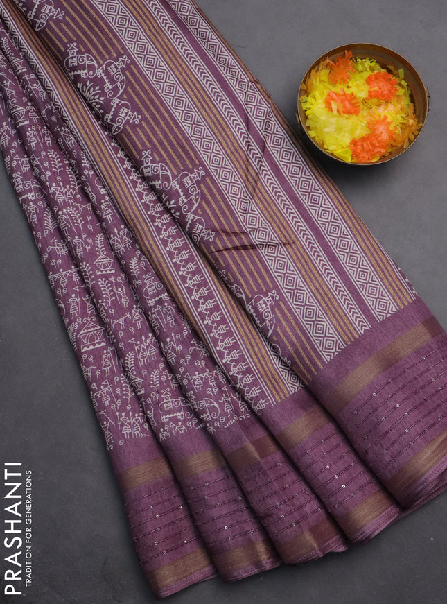 Semi dola saree pastel wine shade with allover warli prints and zari woven sequin work border