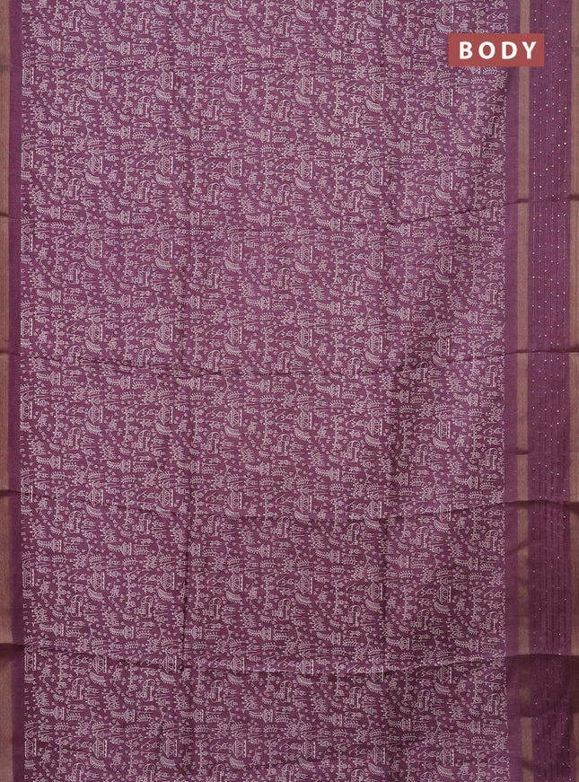 Semi dola saree pastel wine shade with allover warli prints and zari woven sequin work border