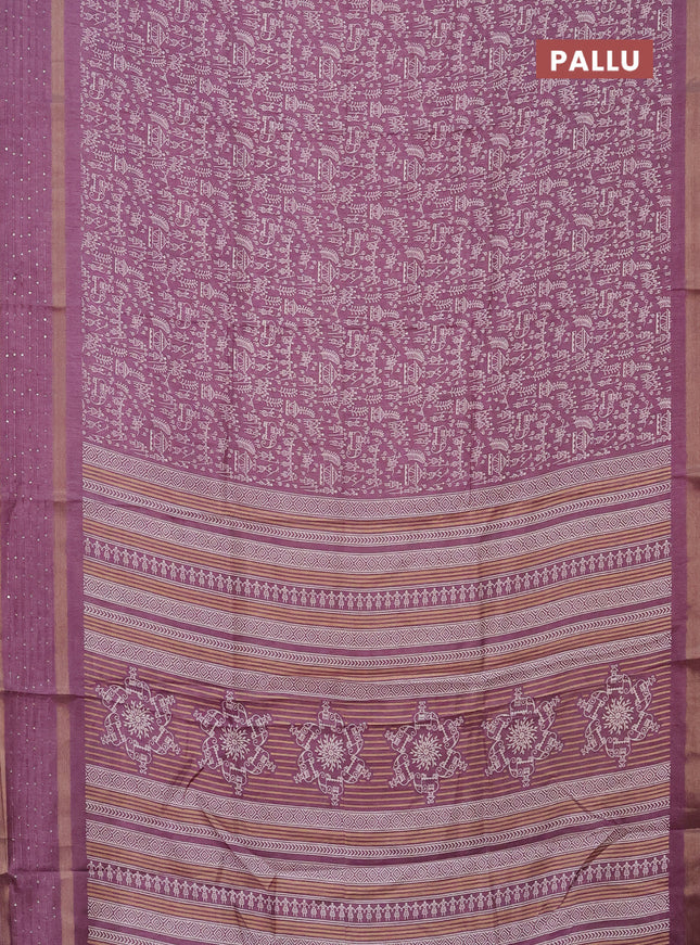 Semi dola saree pastel wine shade with allover warli prints and zari woven sequin work border