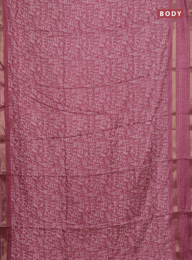 Semi dola saree mauve pink with allover warli prints and zari woven sequin work border